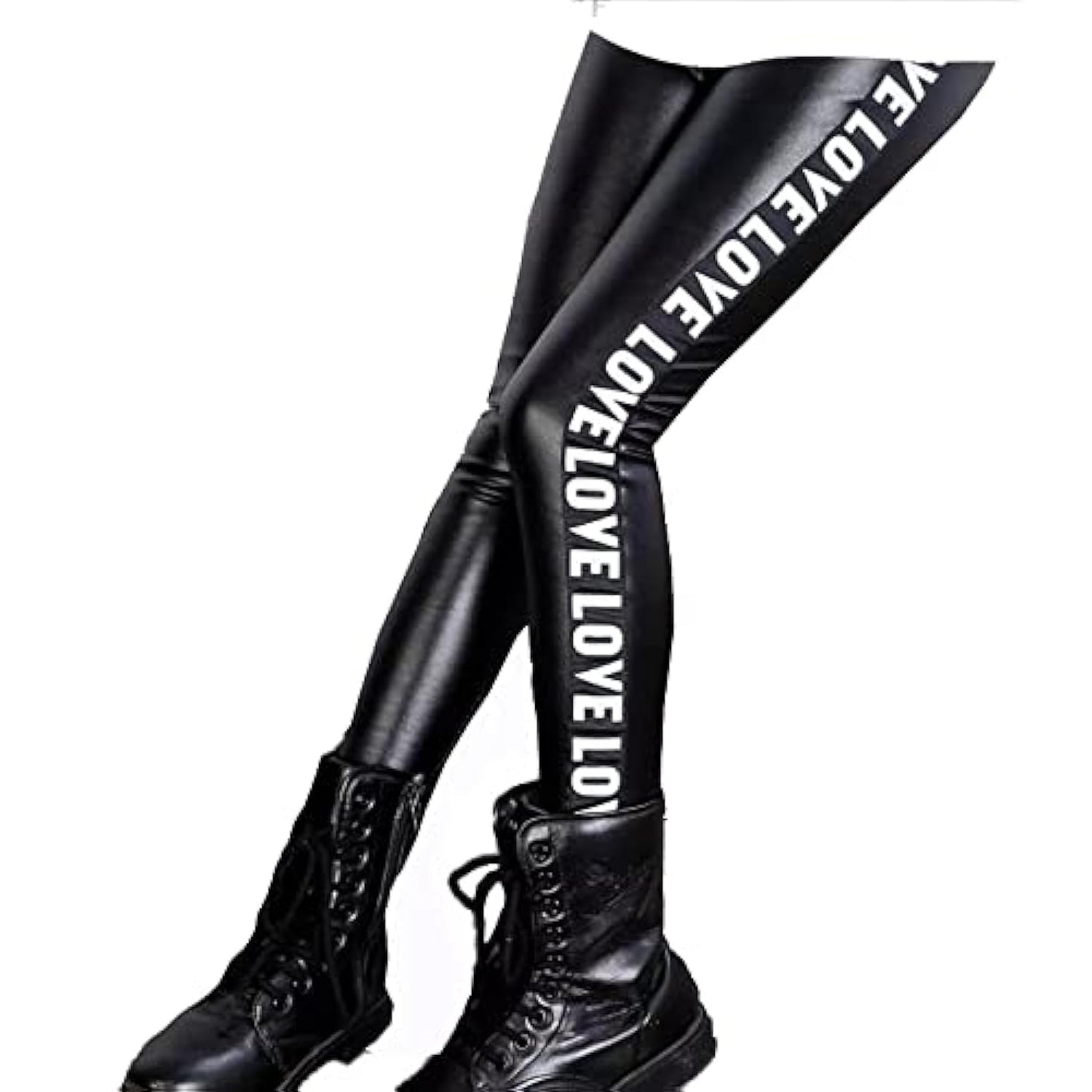 Girls Black Ribbon Disco Lycra Leather Pants