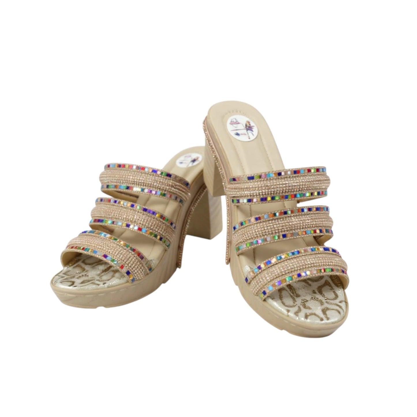 Ghils Women's Crystal Embellished High Heel Slippers 3 Strap Cream Fashion Casual Shoes