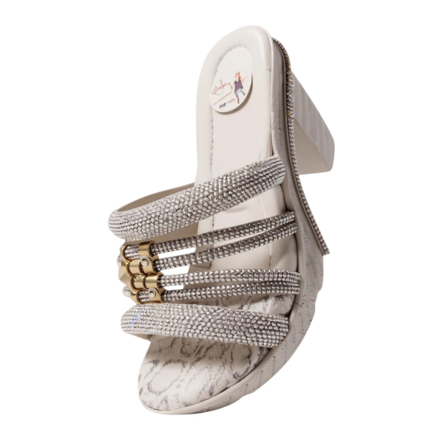 Ghils Women's High Heel Slipper, Crystal Embroidery, White, Made in Egypt