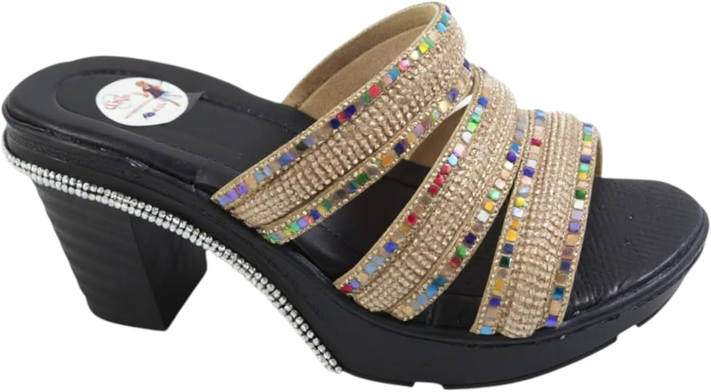 Ghils Women's Crystal Embellished High Heel Slippers 3 Strap Cream Fashion Casual Shoes