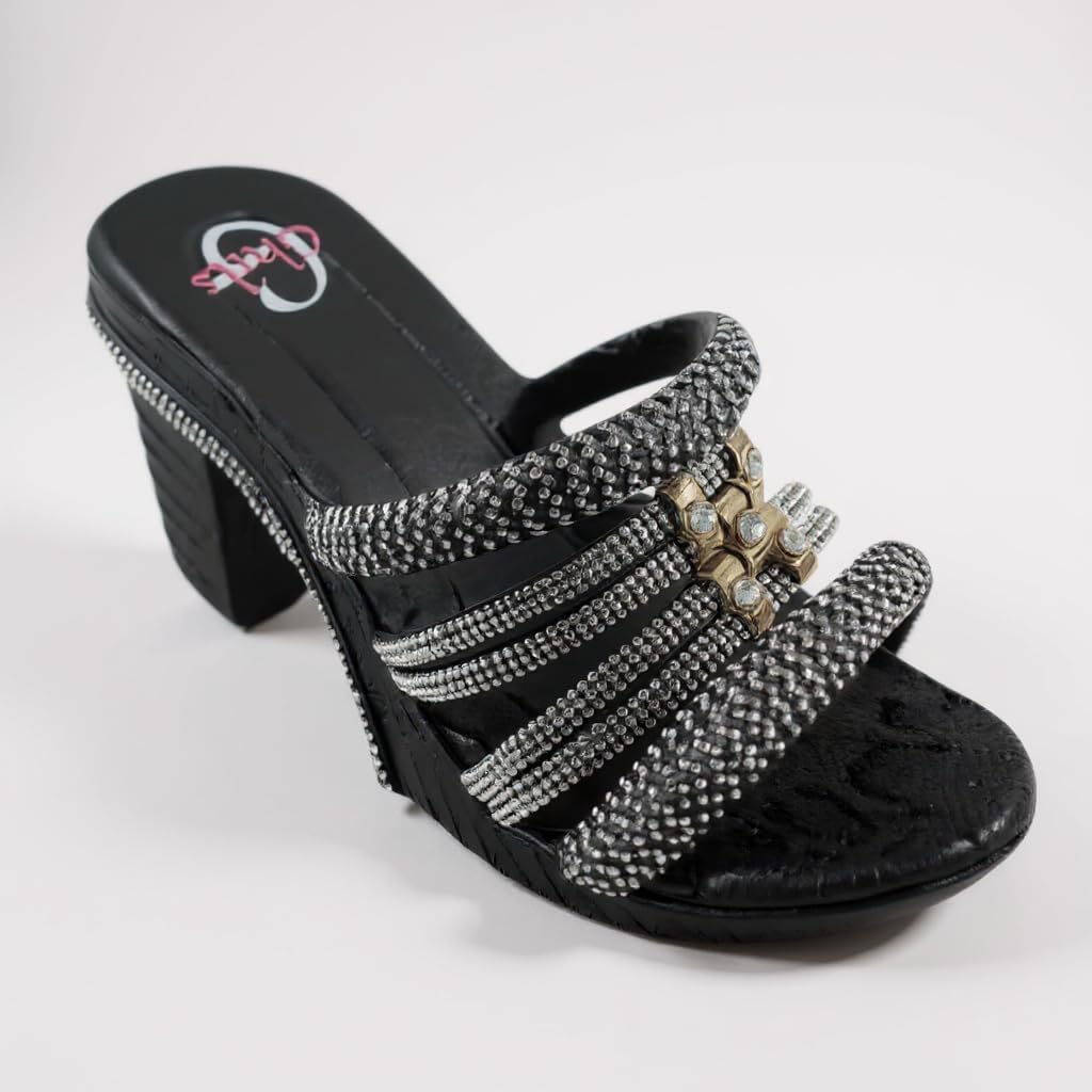 Ghils Women's High Heel Slipper, Crystal Embroidery, White, Made in Egypt