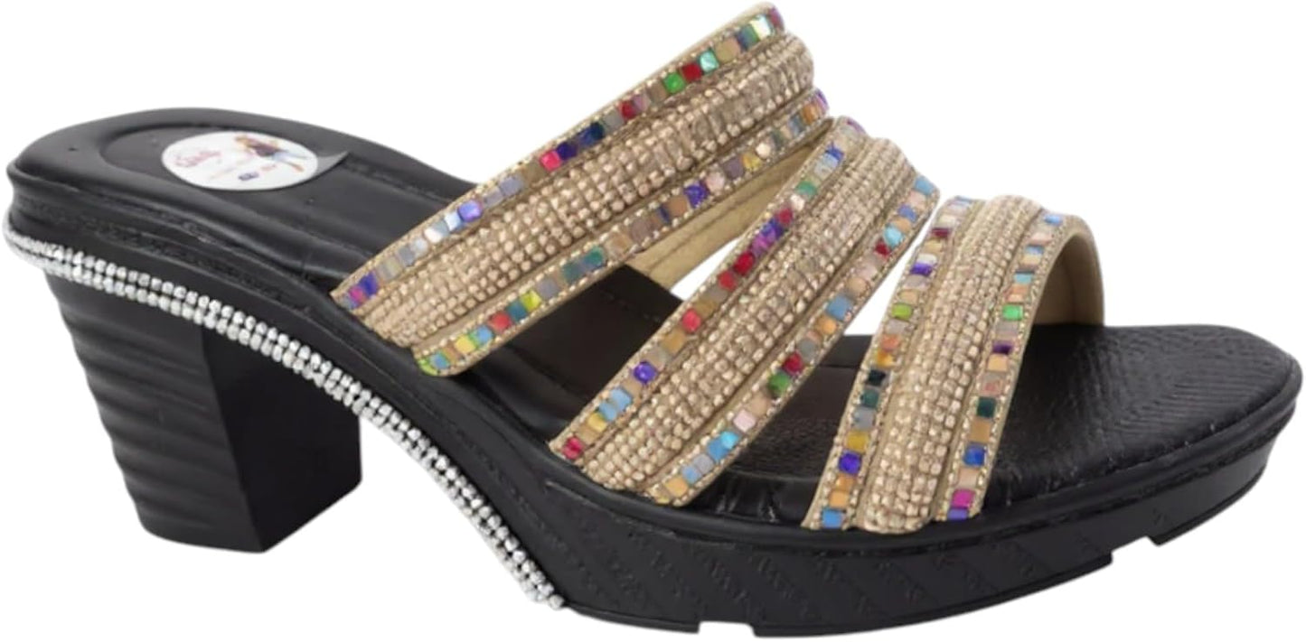 Ghils Women's Crystal Embellished High Heel Slippers 3 Strap Cream Fashion Casual Shoes