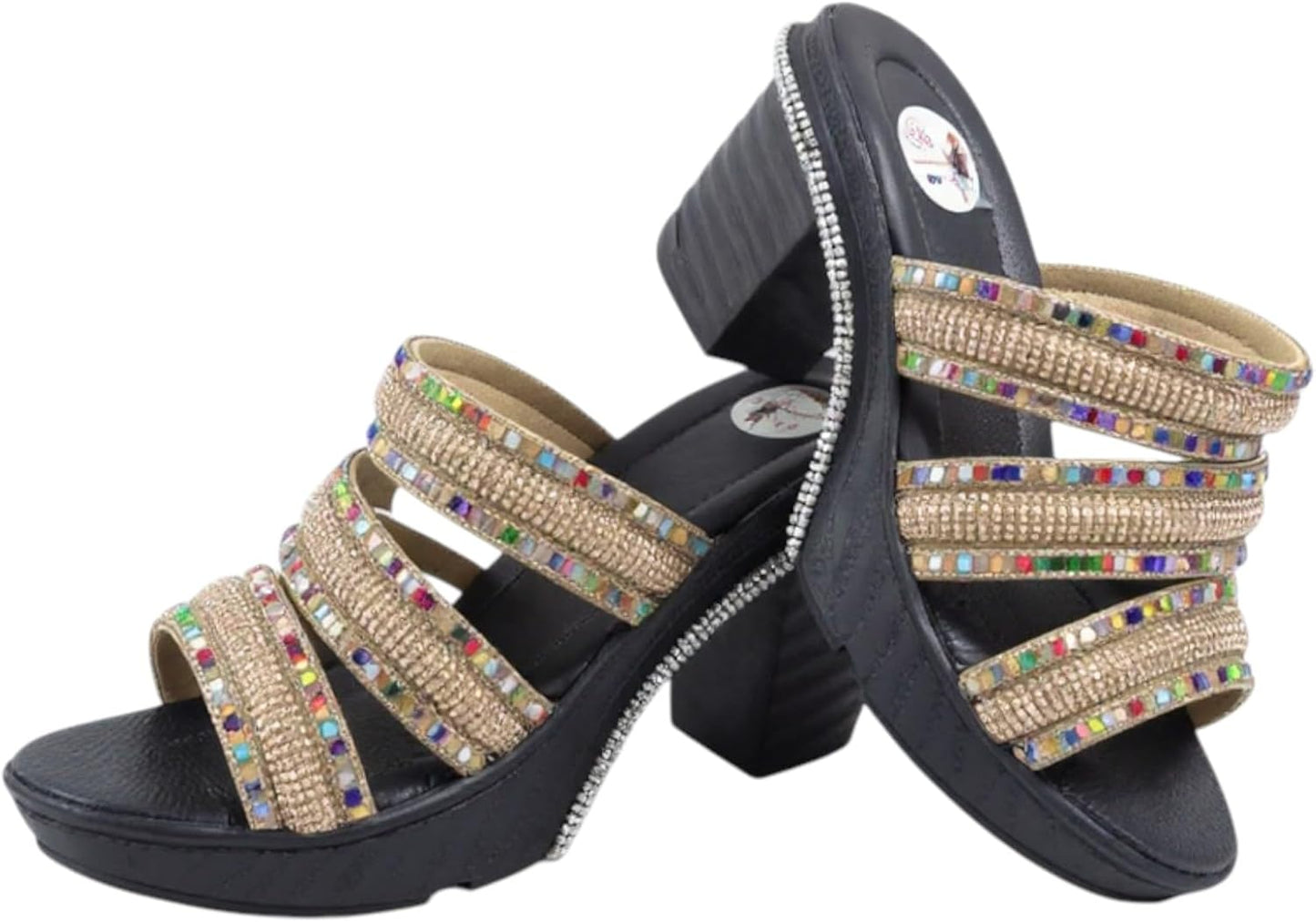 Ghils Women's Crystal Embellished High Heel Slippers 3 Strap Cream Fashion Casual Shoes