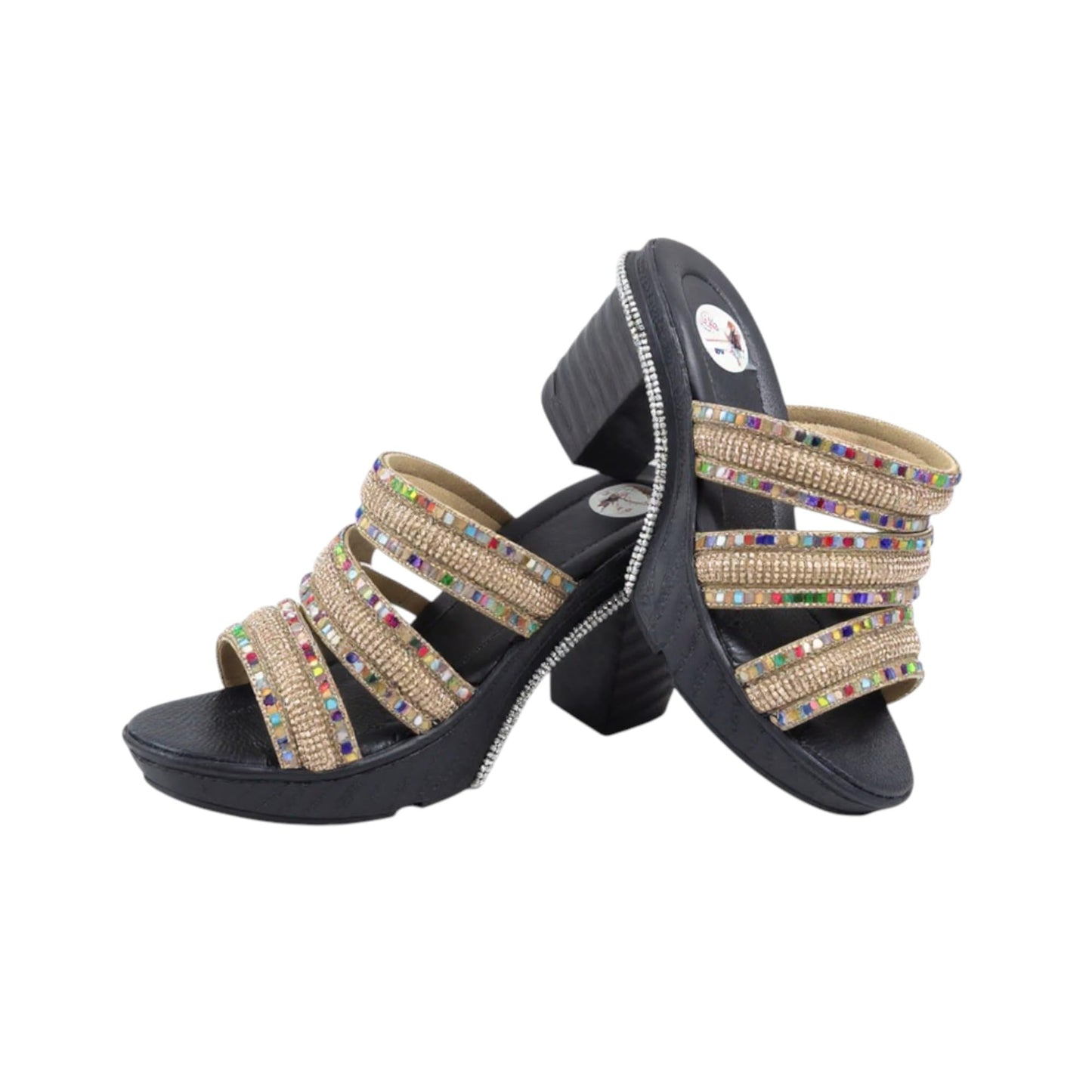 Ghils Women's Crystal Embellished High Heel Slippers 3 Strap Cream Fashion Casual Shoes