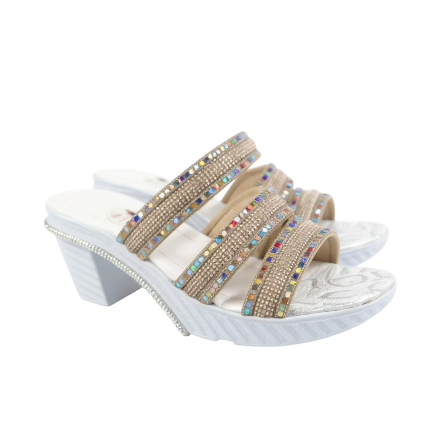 Ghils Women's Crystal Embellished High Heel Slippers 3 Strap Cream Fashion Casual Shoes