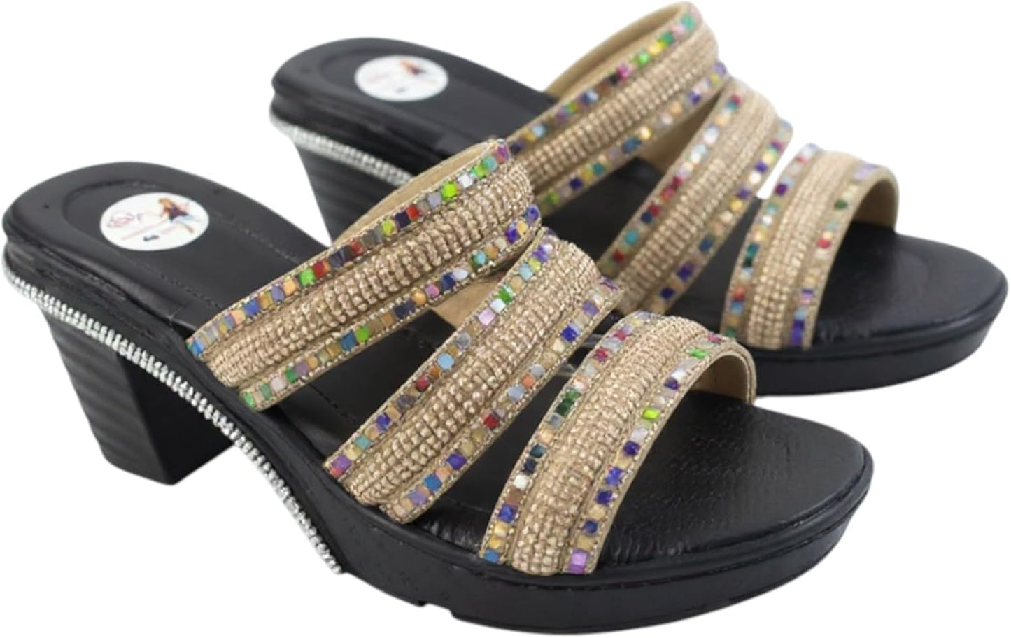 Ghils Women's Crystal Embellished High Heel Slippers 3 Strap Cream Fashion Casual Shoes