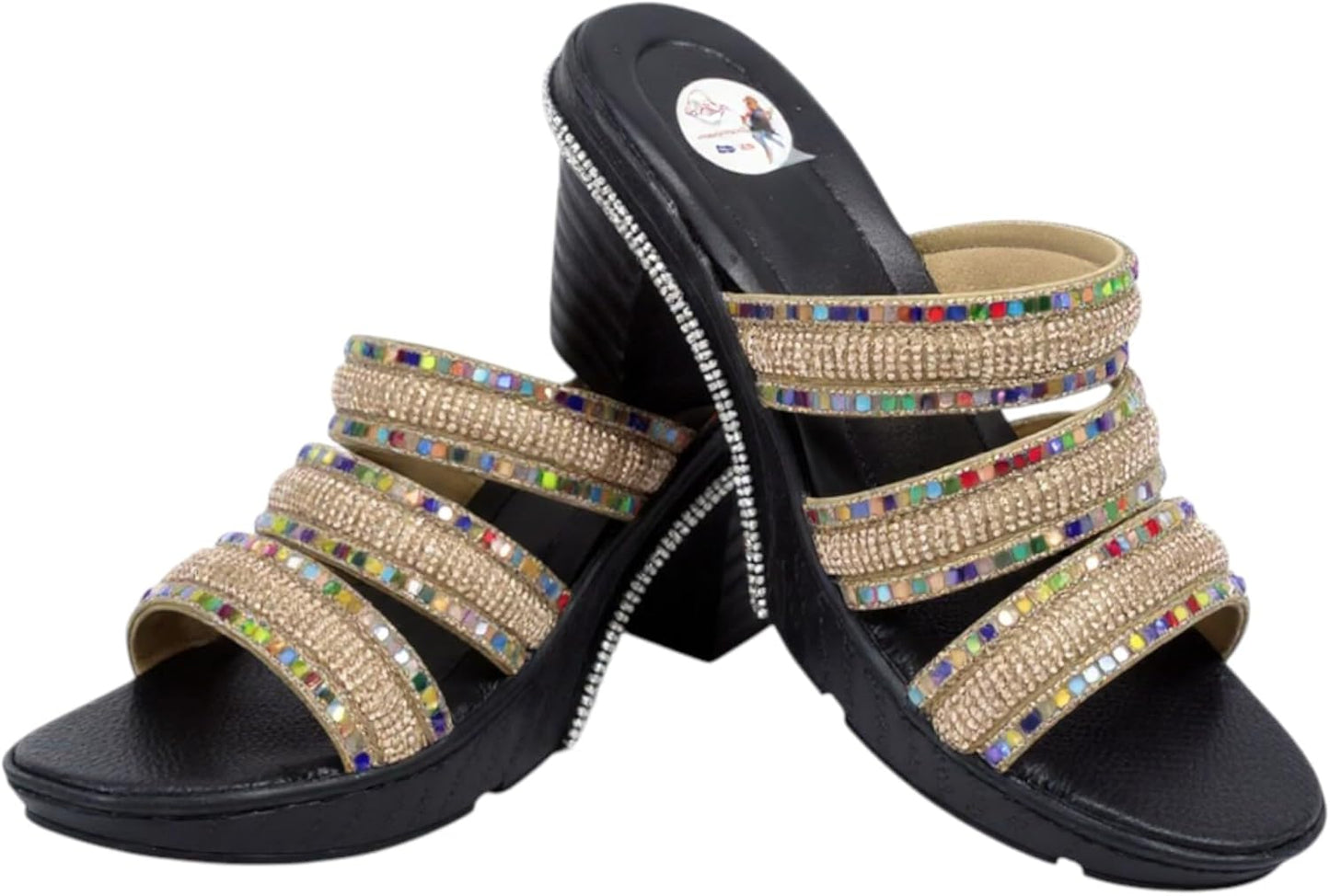 Ghils Women's Crystal Embellished High Heel Slippers 3 Strap Cream Fashion Casual Shoes