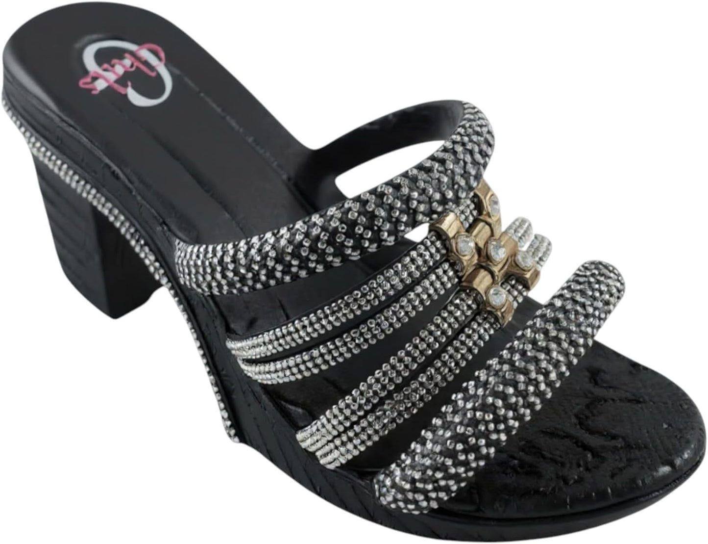 Ghils Women's High Heel Slipper, Crystal Embroidery, White, Made in Egypt