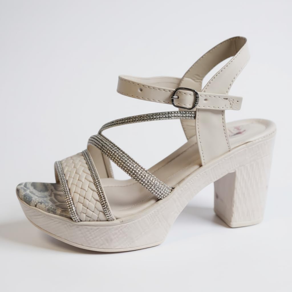 Ghils Women's Elegant High Heel Sandals, Crystal with Rhinestones, Faux Leather, 5cm Heel, Cream White, Luxury Egyptian Style