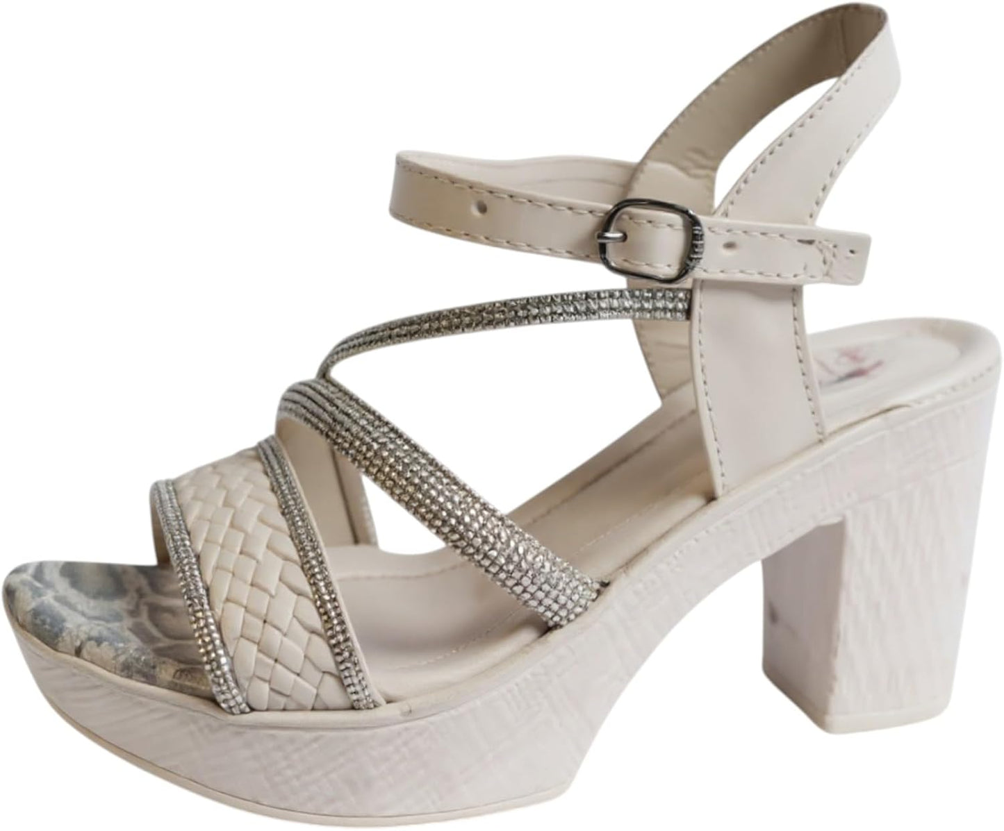 Ghils Women's Elegant High Heel Sandals, Crystal with Rhinestones, Faux Leather, 5cm Heel, Cream White, Luxury Egyptian Style