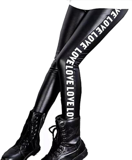 Girls Black Ribbon Disco Lycra Leather Pants