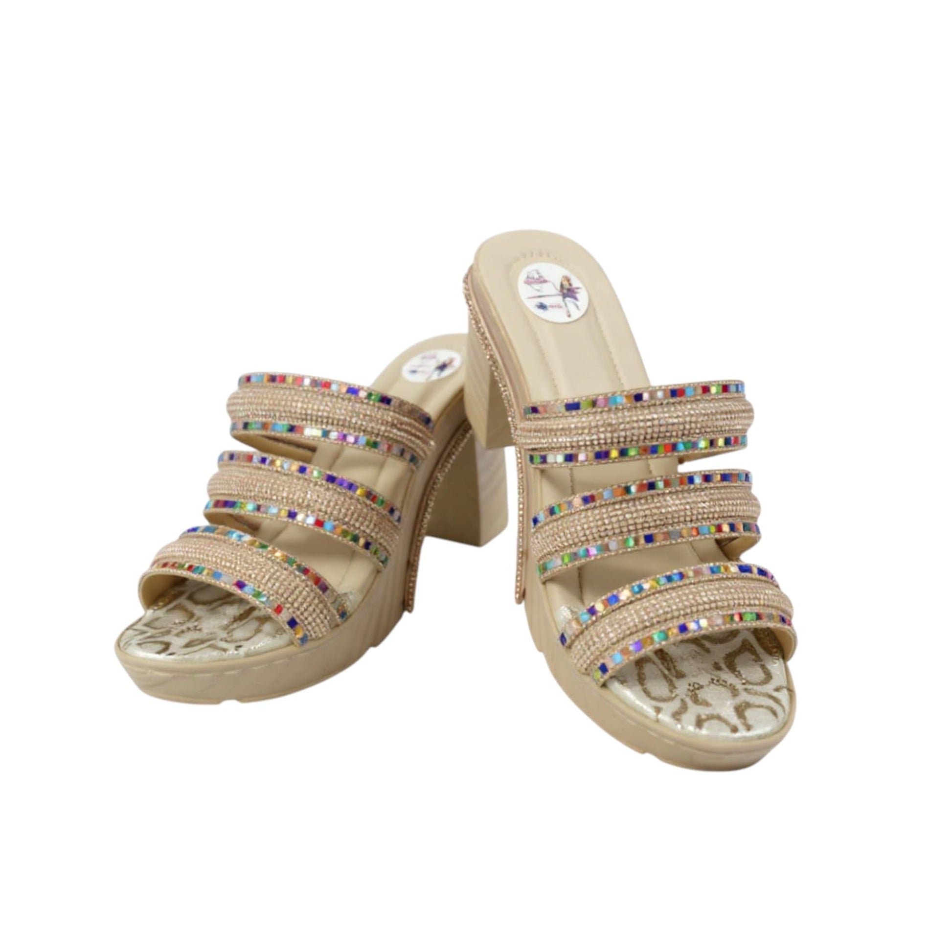 Ghils Women's Crystal Embellished High Heel Slippers 3 Strap Cream Fashion Casual Shoes