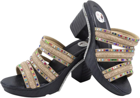 Ghils Women's Crystal Embellished High Heel Slippers 3 Strap Cream Fashion Casual Shoes
