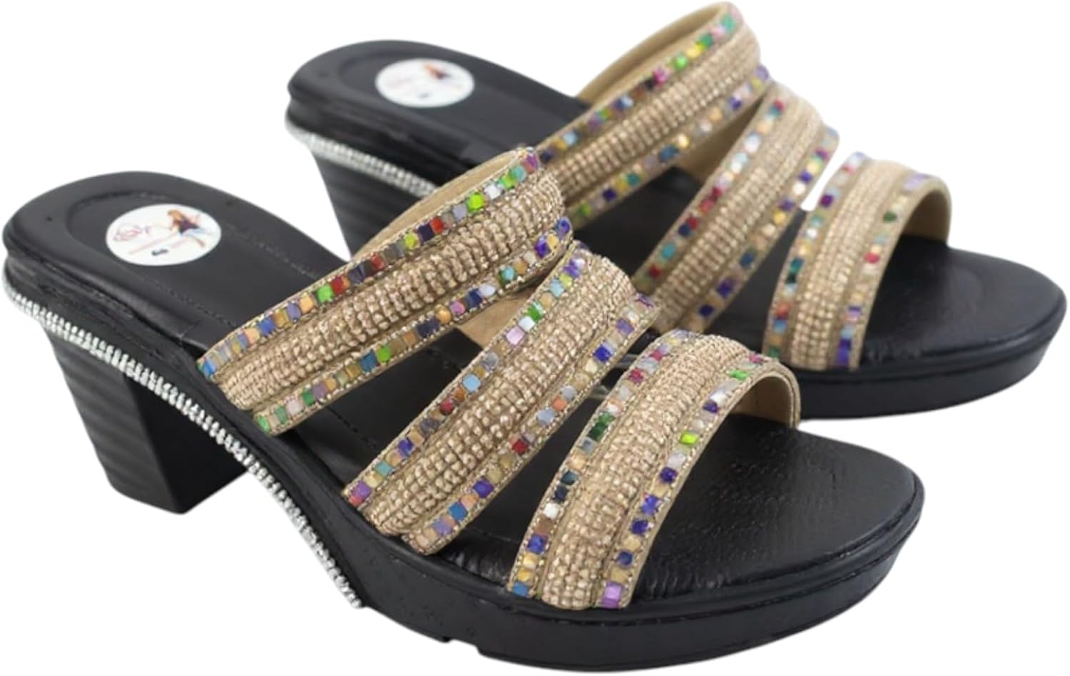 Ghils Women's Crystal Embellished High Heel Slippers 3 Strap Cream Fashion Casual Shoes