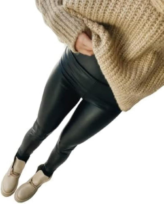 Ghils Women's Winter Chritch Quilted Metallic Leather Leggings (Black, 2XL)